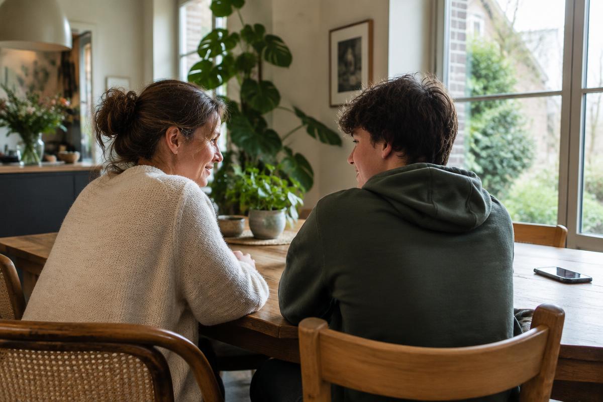 A parent and teenager talking together at the kitchen table
