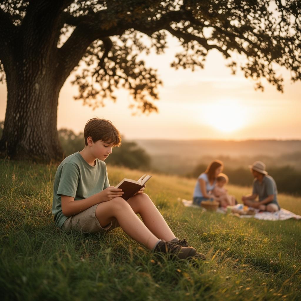 A peaceful scene of a child reconnecting with nature, symbolizing healthy balance away from screens